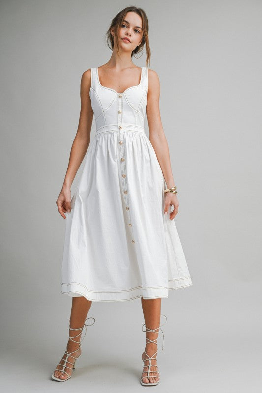 White Button Front Midi Dress