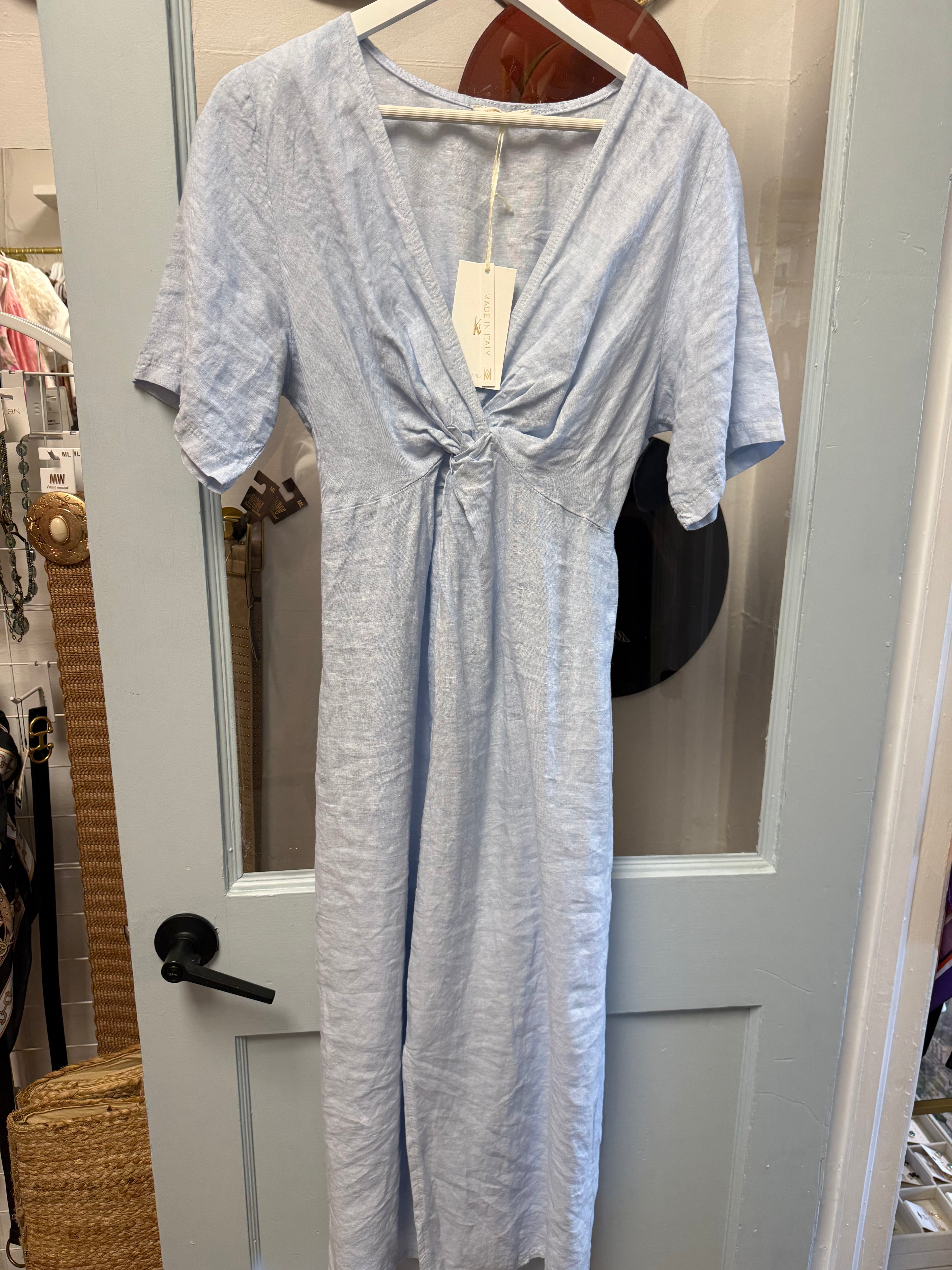 Sky Blue Twist Front Linen Dress