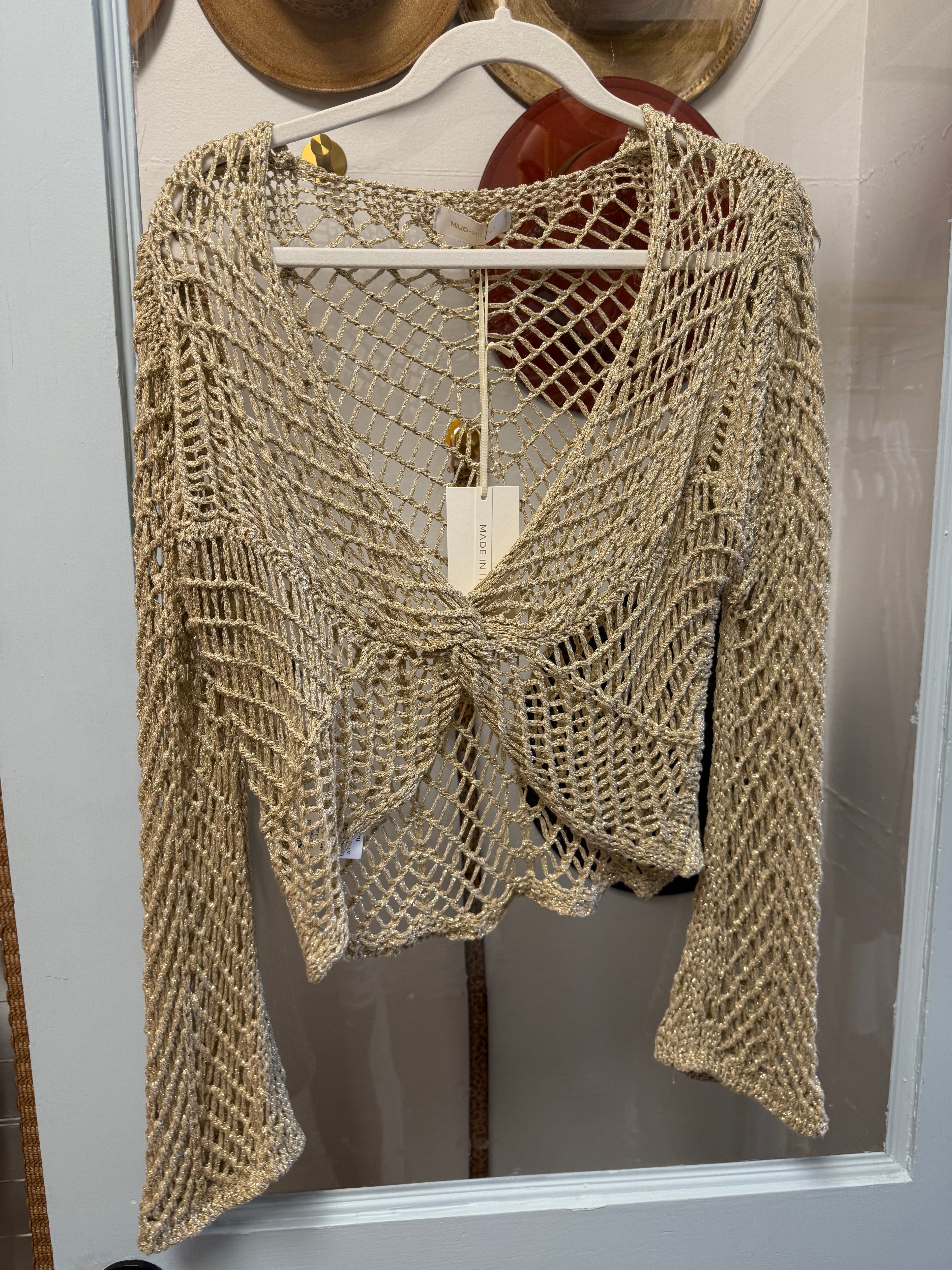 Gold Open Crochet Twist Front Top