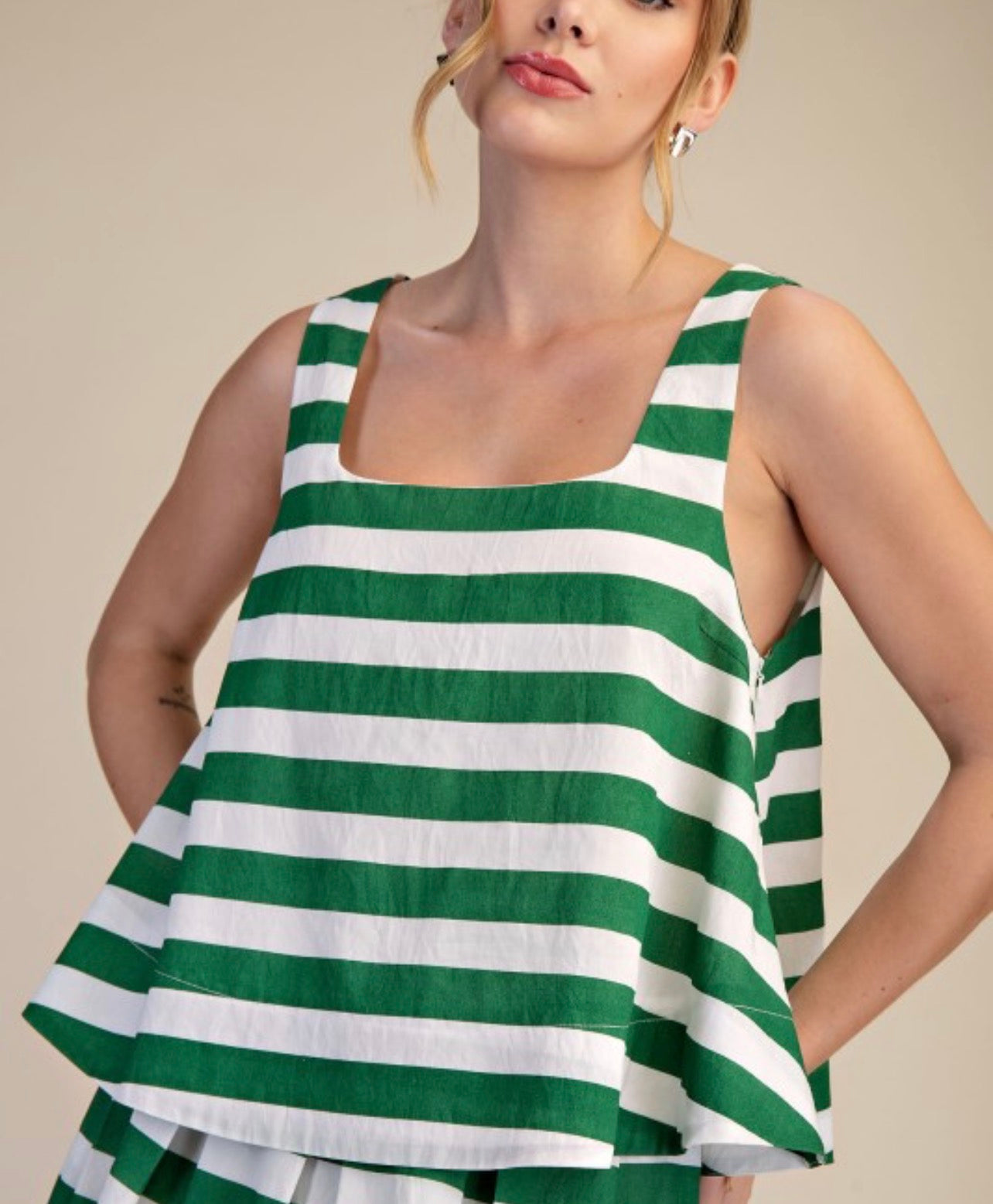 Green Stripe Scoop Neck Top
