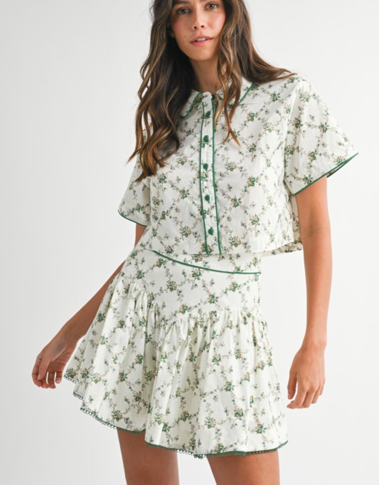 Green Floral Two Piece Short Set