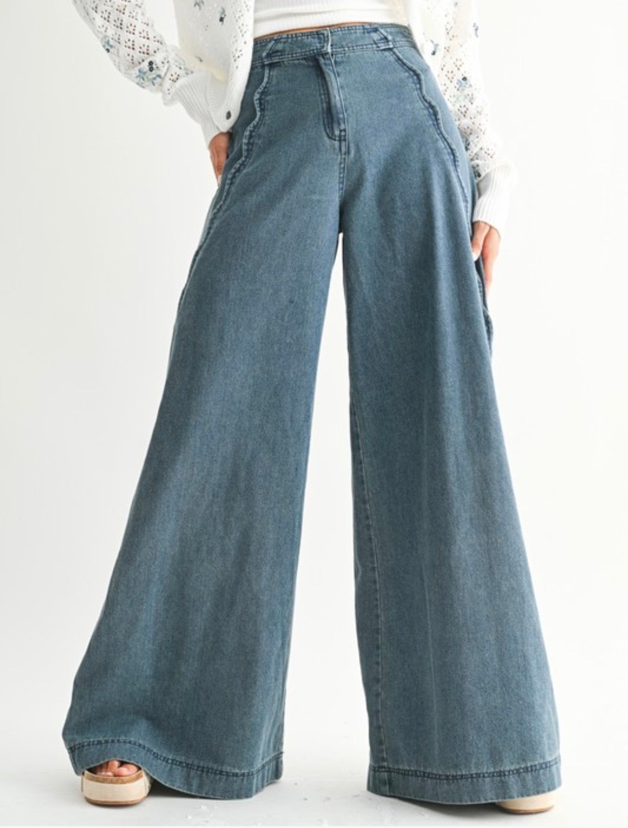 Wide Leg Stretch Denim Trouser