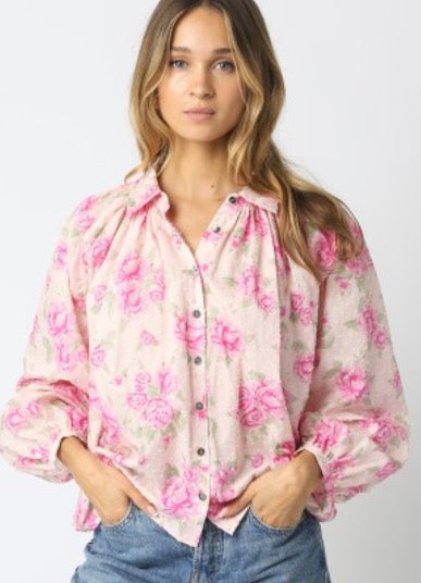 Pink Floral Button Up Top