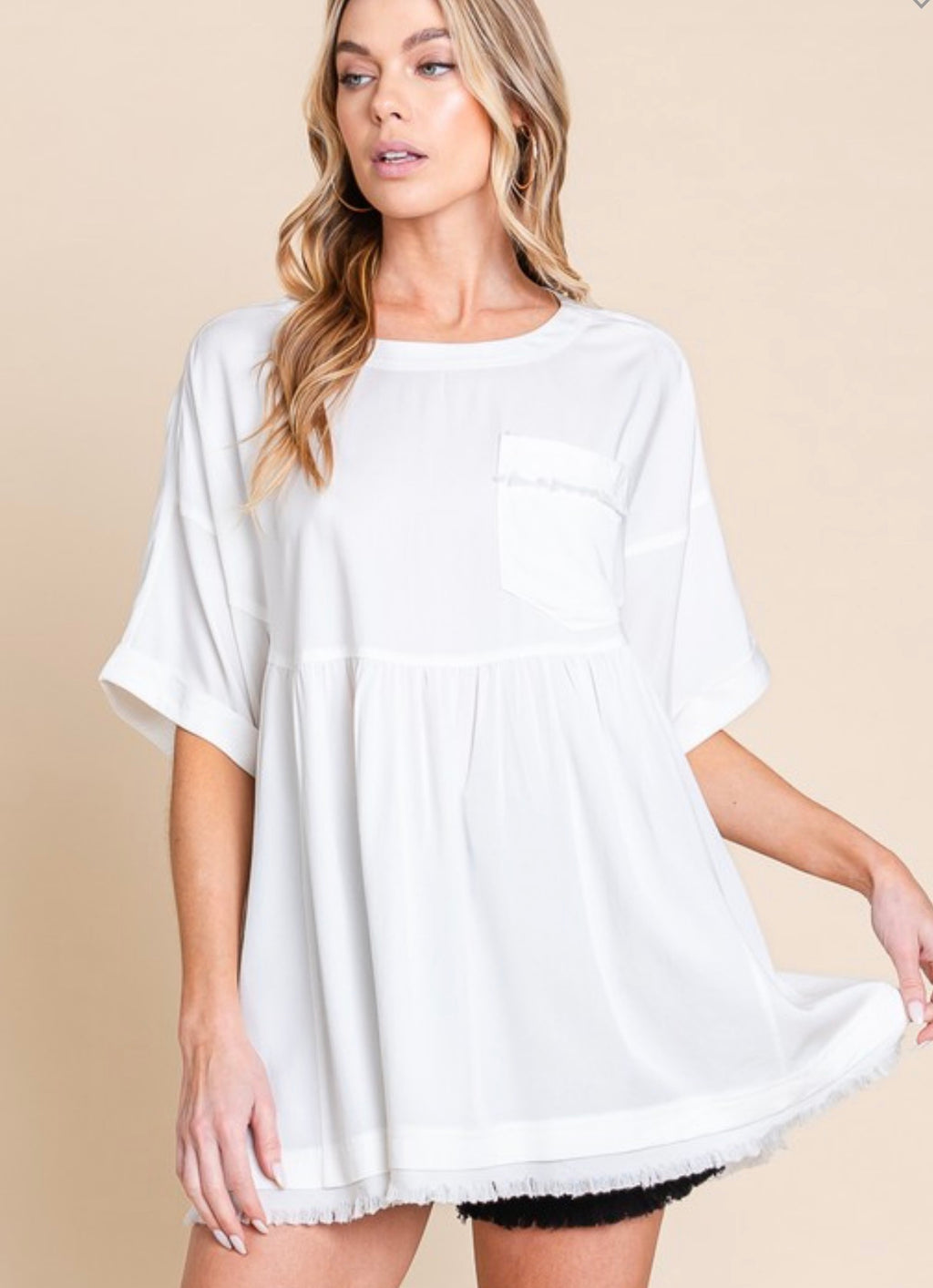 White Fringe Hem Oversized Top