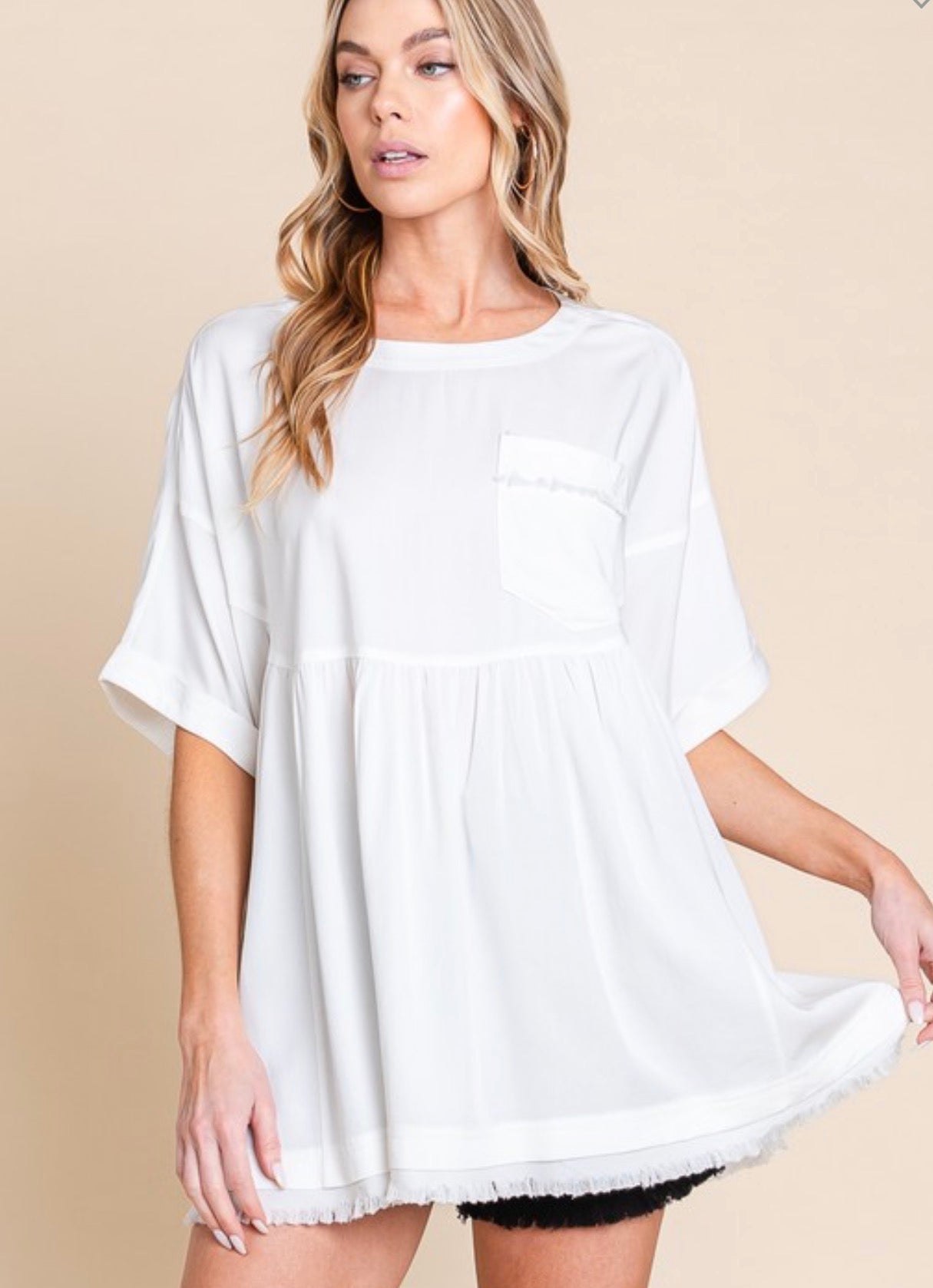 White Fringe Hem Oversized Top
