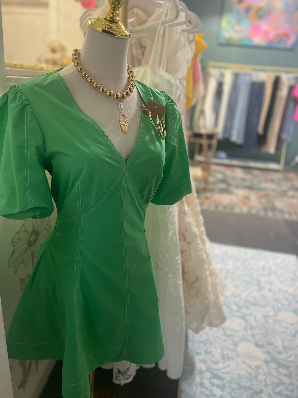 Green Puff Sleeve Mini Dress
