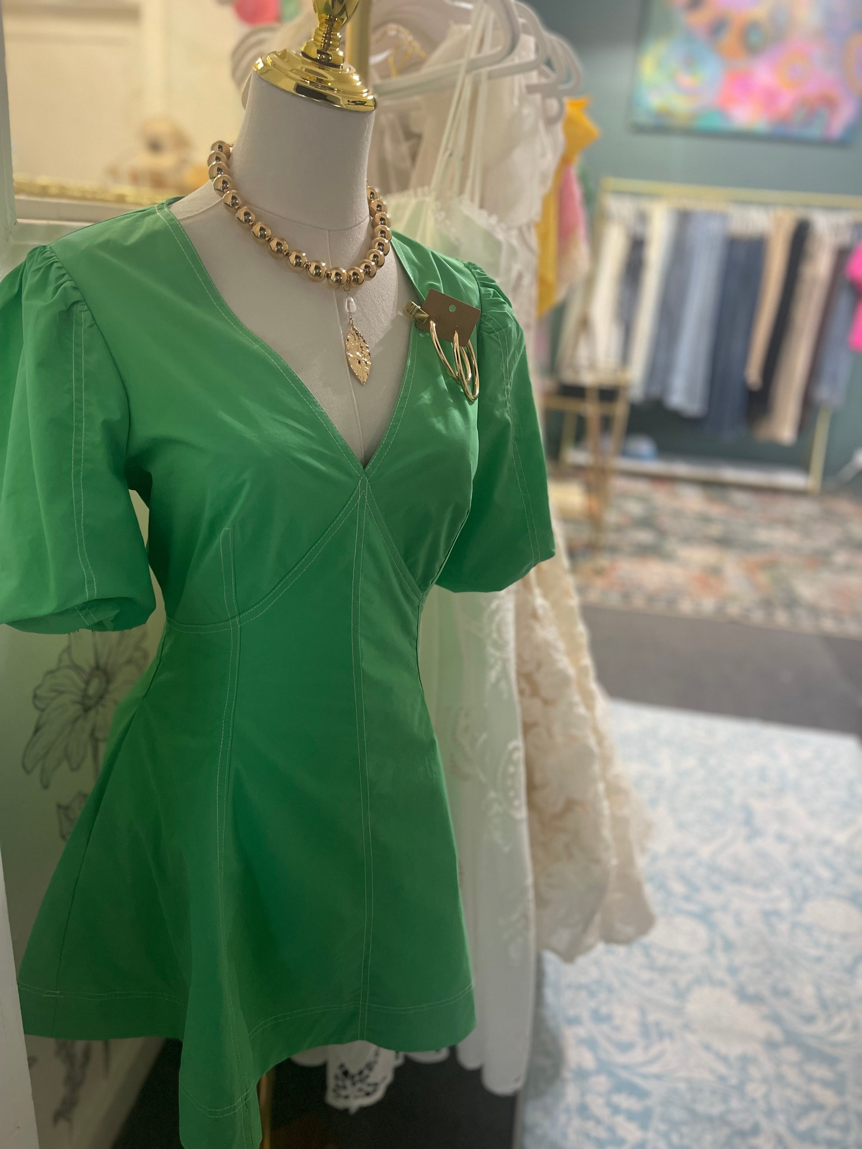 Green Puff Sleeve Mini Dress