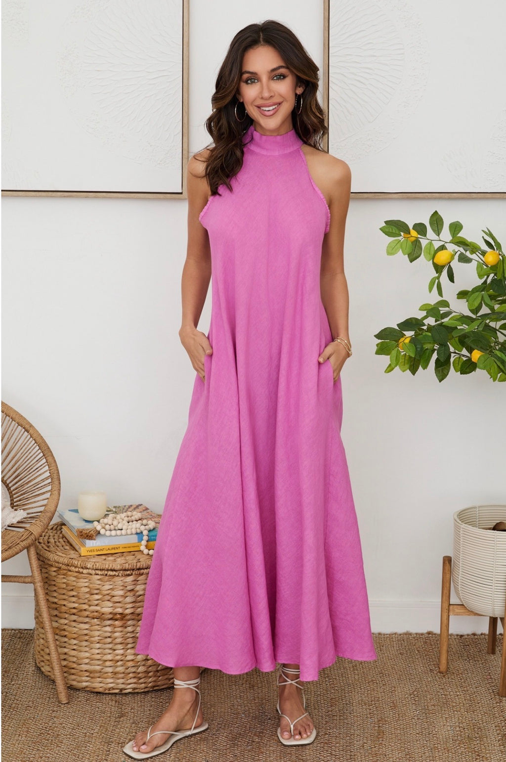 Linen Mock Neck Maxi Dress