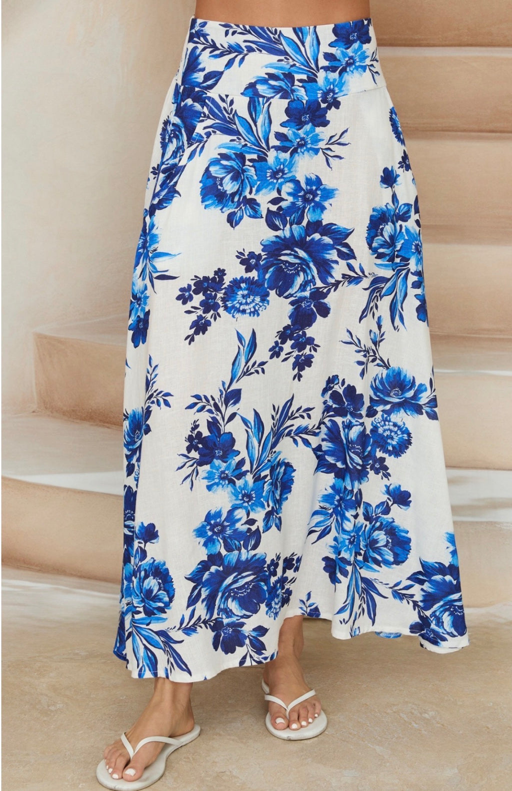 Blue Floral Print Linen Skirt