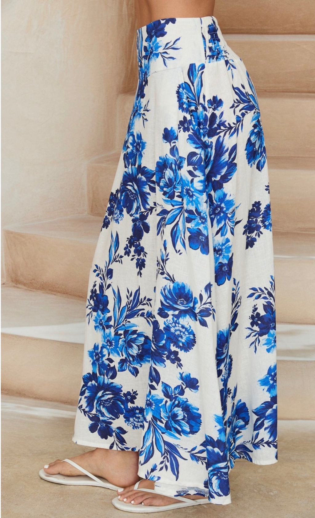 Blue Floral Print Linen Skirt