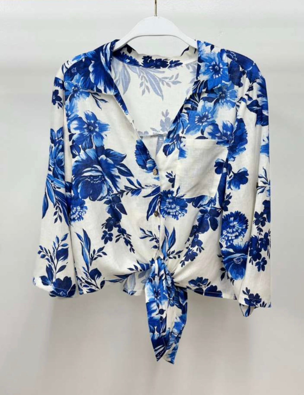 Blue Floral Print Linen Top