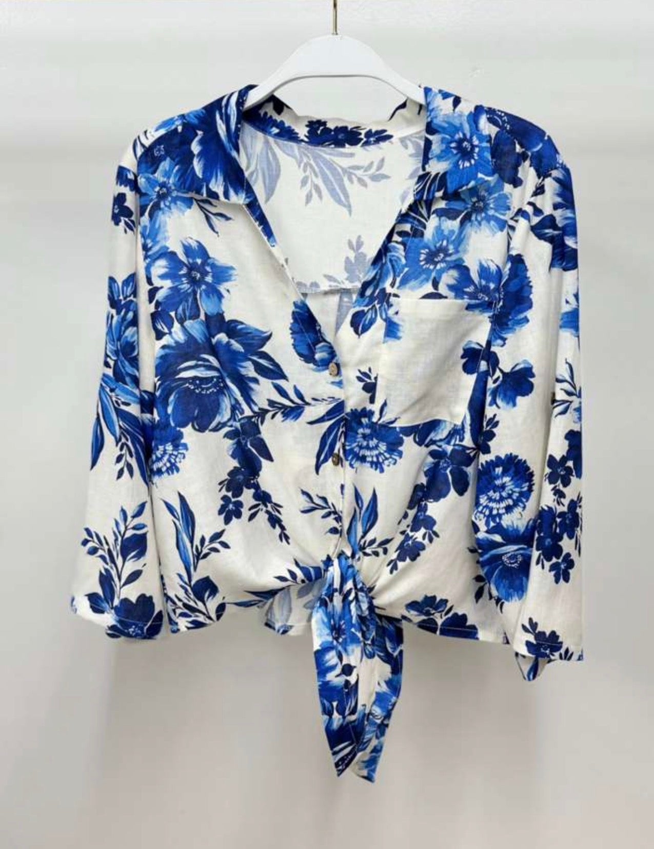 Blue Floral Print Linen Top