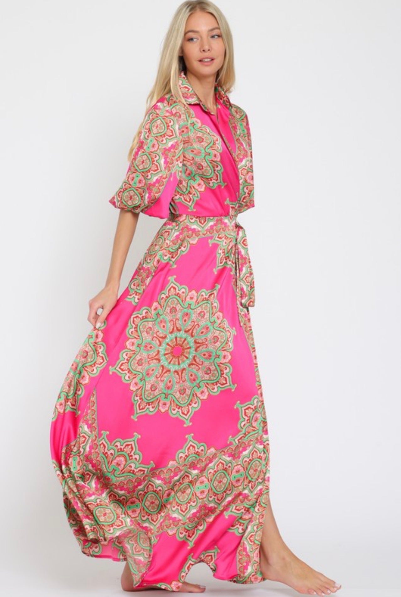 Satin Pink Print Maxi Wrap Dress