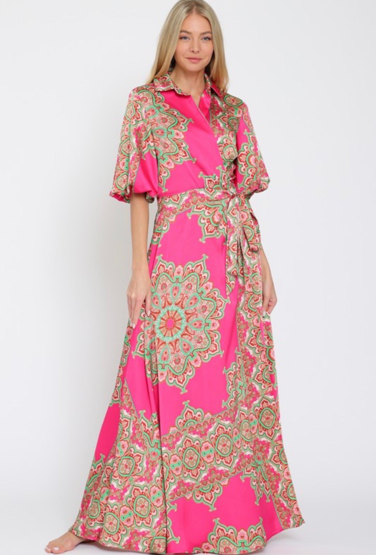 Satin Pink Print Maxi Wrap Dress