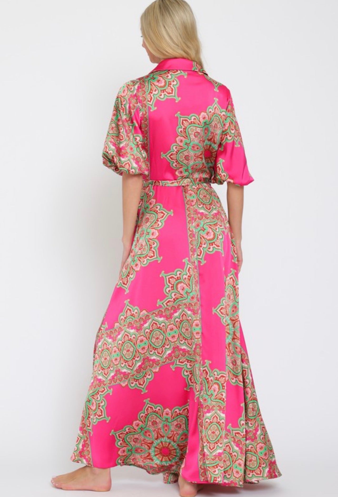 Satin Pink Print Maxi Wrap Dress