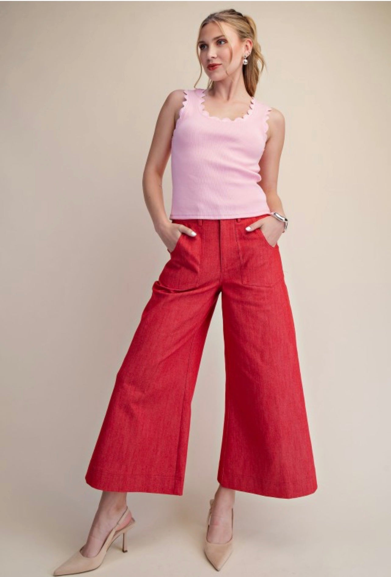 Red Denim Cropped Wide Leg Pants