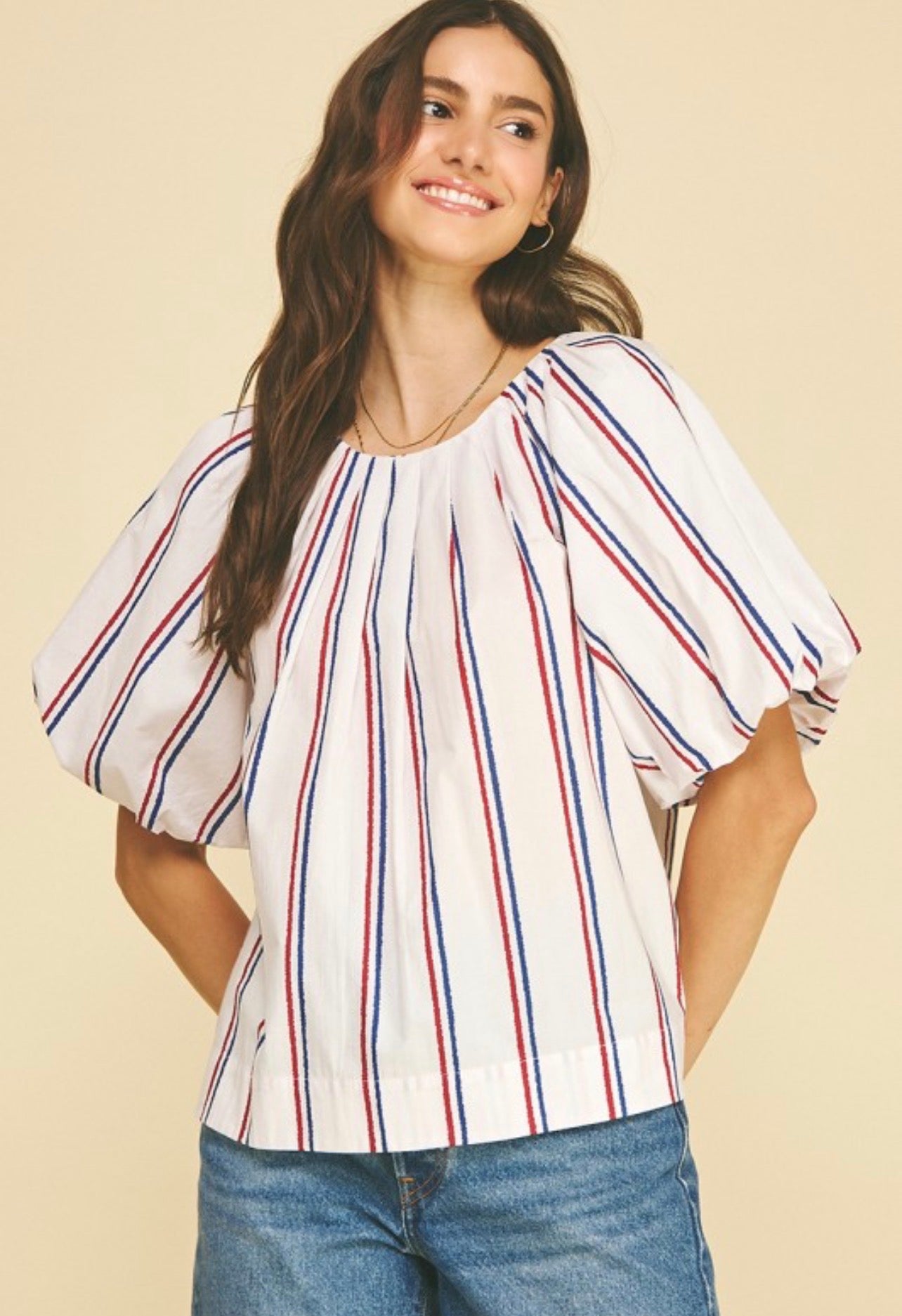 Puff Sleeve Red & Blue Stripe Top