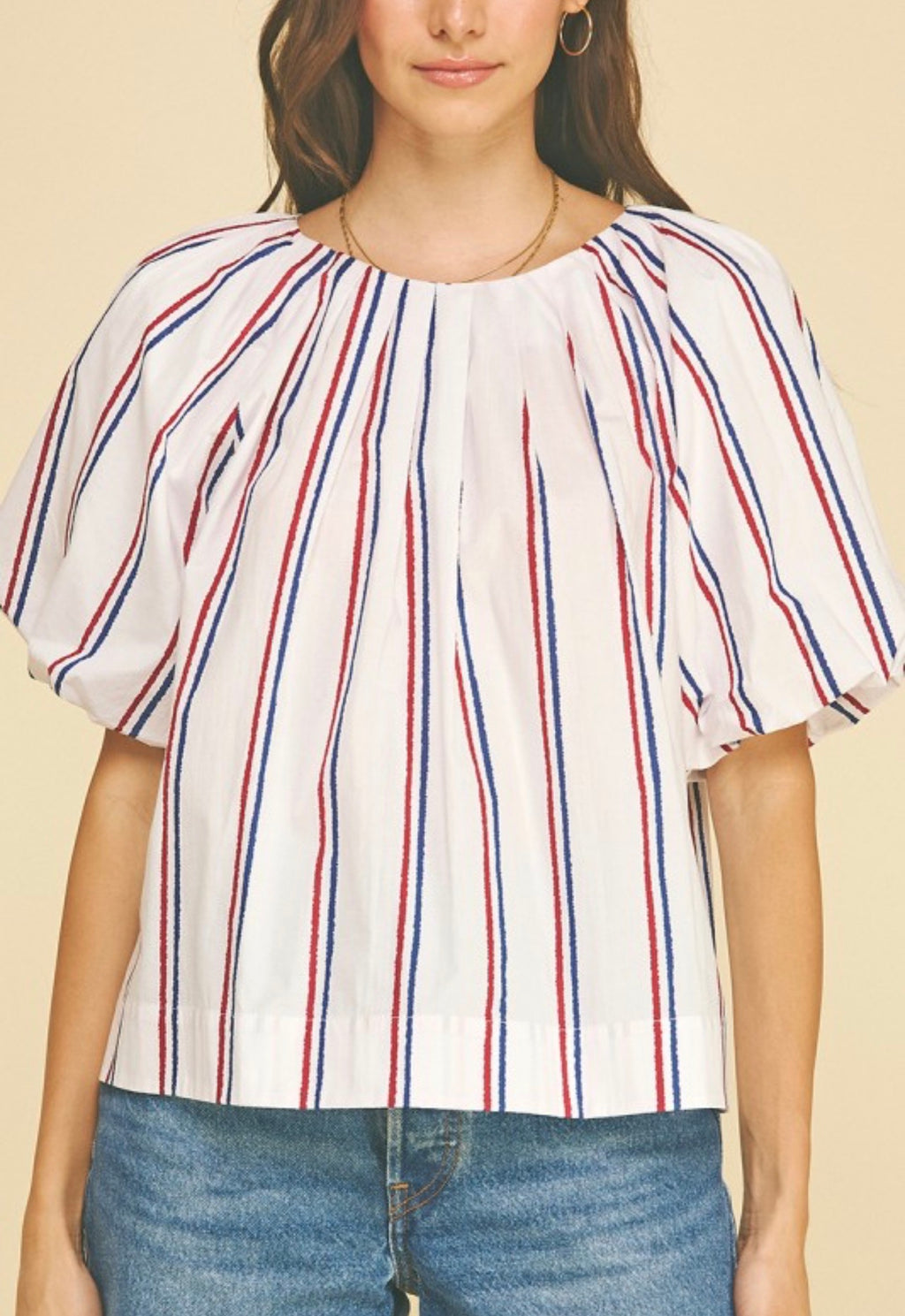 Puff Sleeve Red & Blue Stripe Top