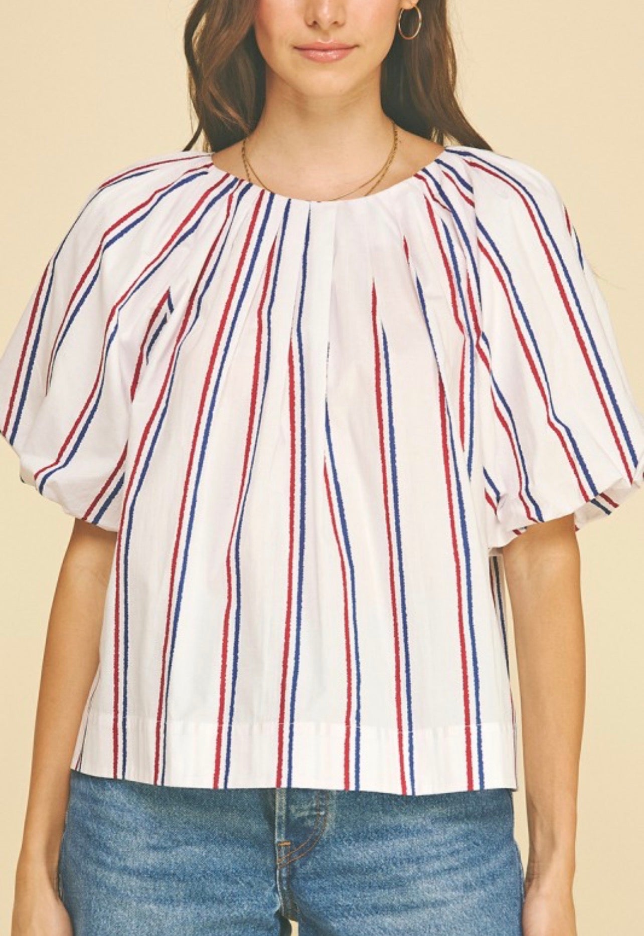 Puff Sleeve Red & Blue Stripe Top
