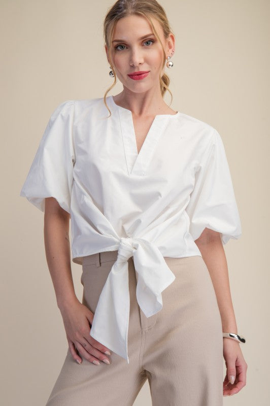 Tie Front Puff Sleeve Topp