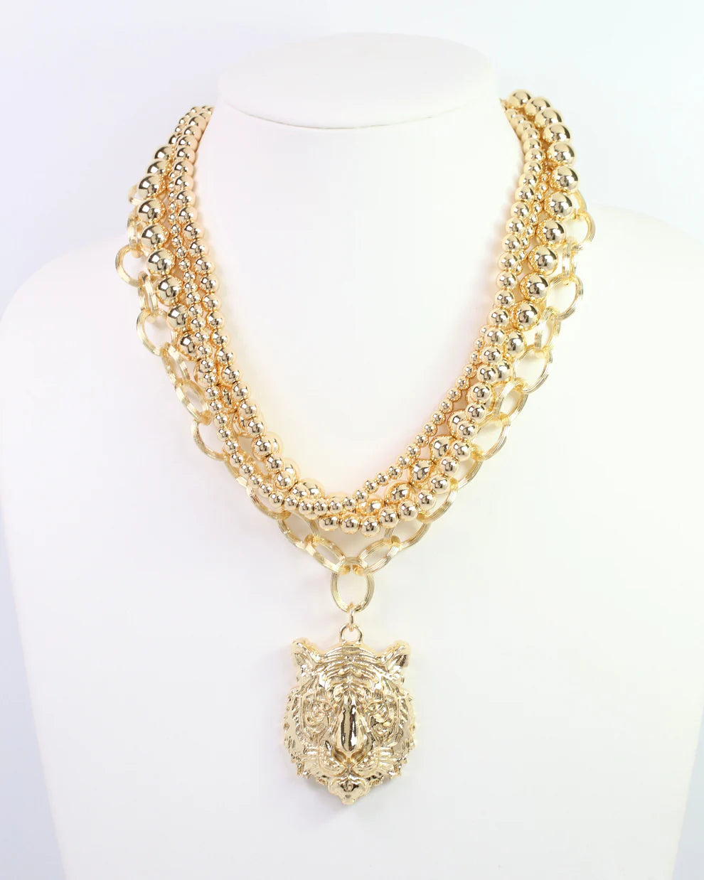 Multi Layer Gold Tiger Charm Necklace