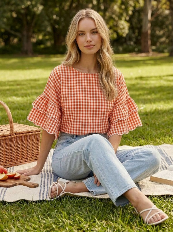 Orange Gingham Ruffle Top