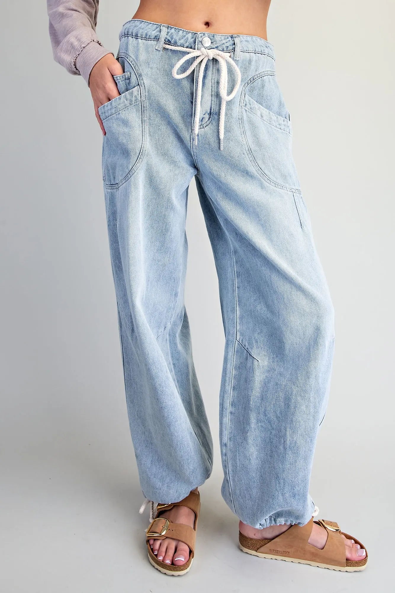 Washed Denim Tie Waist Pant