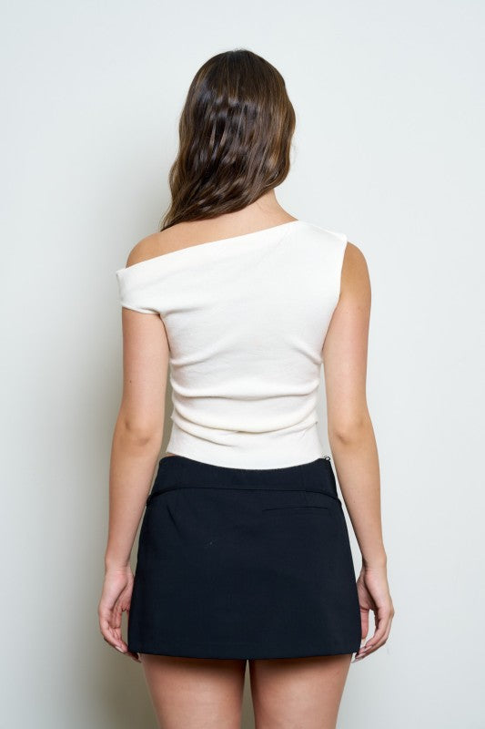 Asymmetric Boat Neck Knit Top