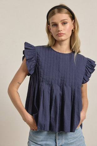 Navy Pleated Flutter Sleeve Top