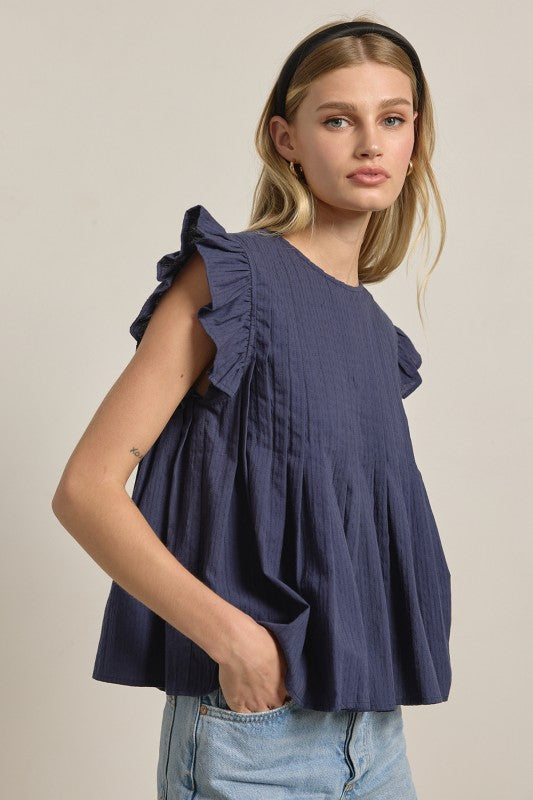 Navy Pleated Flutter Sleeve Top