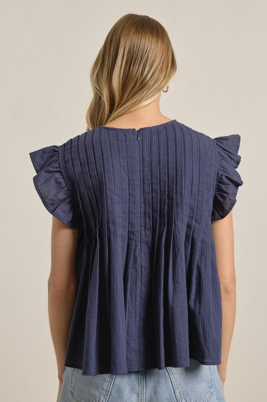 Navy Pleated Flutter Sleeve Top