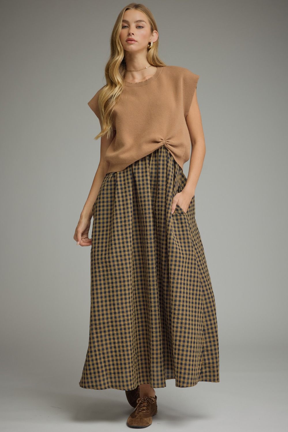 Camel Plaid Twofer Dress