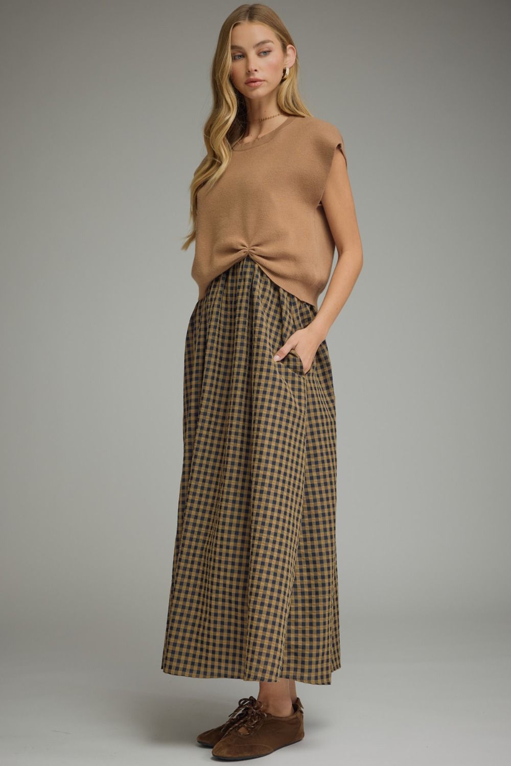 Camel Plaid Twofer Dress